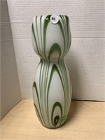 Art Glass Vase 14 " Tall Green & White Flash