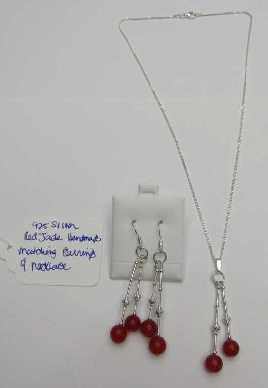 925 Silver Hand Made Red Jade Necklace/Earrings