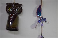 Glass Humming Bird & Pottery Owl Wind Chimes