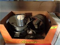2 boxes of misc tin, pots, pans, sifters