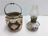 Vintage Biscuit Jar-no lid and Mini Oil Lamp