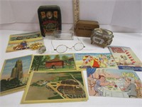 POST CARDS, OLD GLASSES, TINS, & MORE