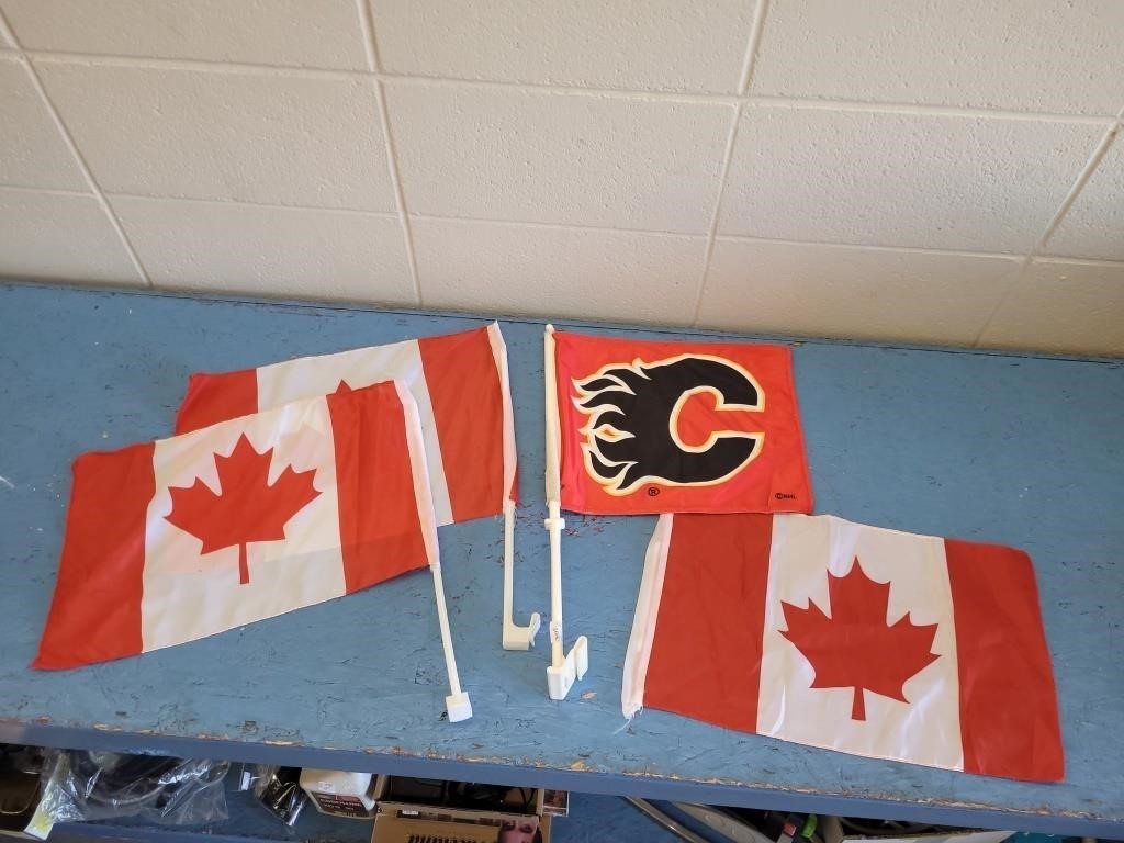 1 FLAMES FLAG & 3 CANADA FLAGS - 3 FLAGS FIT CARS