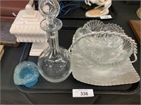 Glass Decanter, Cut Glass Bowl.