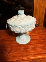 Fenton blue satin glass water lillies candy dish