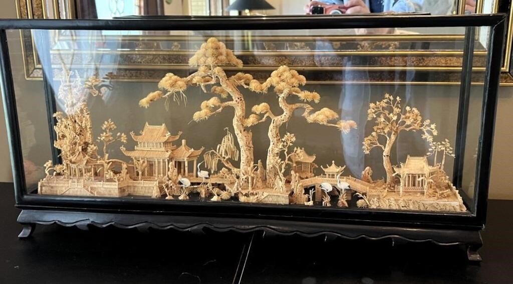 Carved Cork Pagoda Pond In Glass Case Sculpture