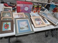 TABLE FULL OF FRAMED PRINTS & POSTERS, DIFF. SIZES