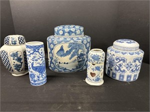 Blue and white Asian pattern jars with lids and