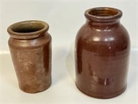 TWO GREAT ANTIQUE STONEWARE CROCKS - COUNTRY DECOR