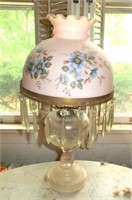 pressed glass oil lamp w/pink satin glass floral