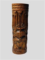 A BAMBOO CHINESE WOOD CYLINDRICAL INCENSE HOLDER