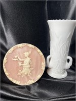 Stamped VTG Pink Incolay Cameo & Swan Milk Glass