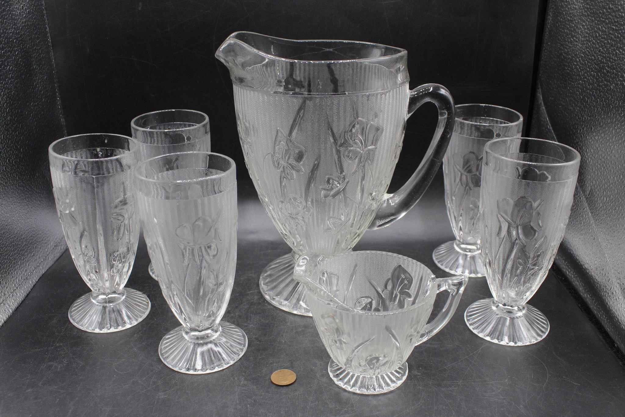 7 Jeanette Iris & Herringbone Pitcher & Cups