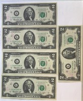 (5) $2 in consecutive order w/13 Cent Stamp 1976