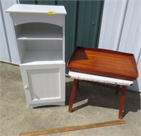 Small white cabinet, stand, TV tray w/legs