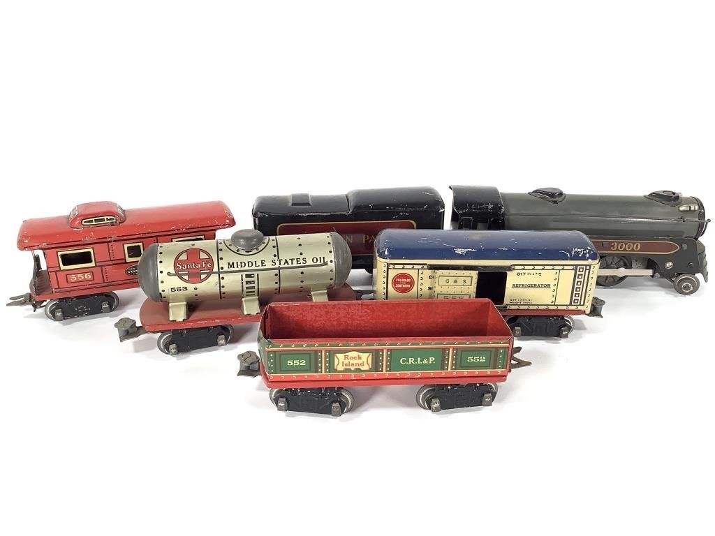 6 Car Marx O Gauge Train, Metals Cars, Locomotive