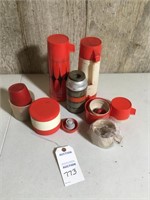 3 thermos; misc. thermos cups and thermos bowl