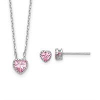 Sterling Silver Pink CZ Heart Necklace Set