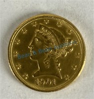 1901 five dollar gold piece high-grade