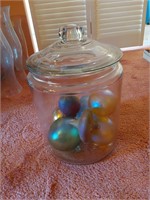 Large Glass Lidded Jar w/ Glass Ornaments