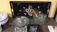 Tole tray, glass bowls, B&O ashtray, Royal