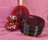 15 ruby red plates, bud vase
