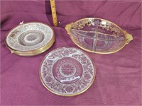 6 Gold rimmed salad plates, divided dish