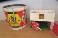 Vntg Tin Toy Drum & Fisher Price Barn Moo's
