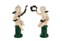 PAIR FINE FRENCH CARVED CHERUBS ON MALACHITE BASES