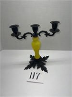 Cast Iron Triple Candle Holder w/ Yellow Glass