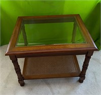 Wood Side Table w/ Glass Inserts & Cane Bottom