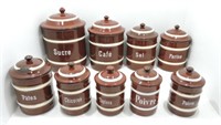 French graniteware set of 9 graduated canisters,