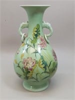 Signed Chinese Celadon Polychrome Vase