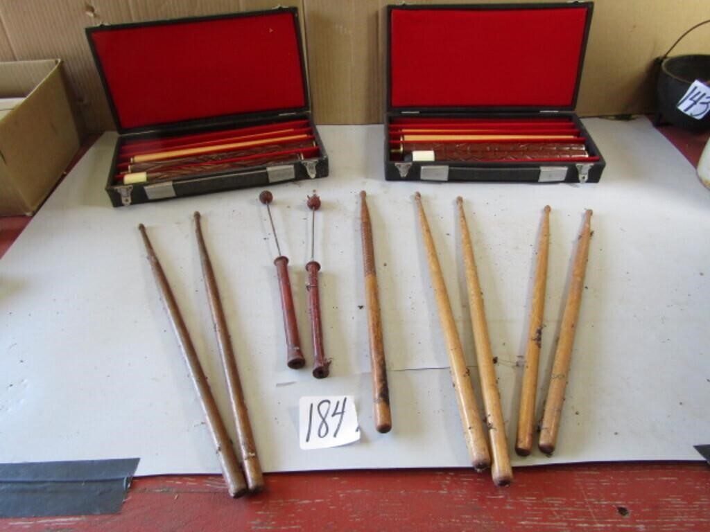 2 POOL CUES W/ CASES, VINTAGE DRUM STICKS