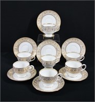 7 Pairs Wedgwood Gold Florentine Tea Cups, Saucers