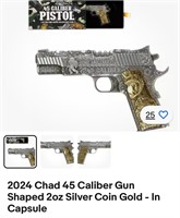 .45 Caliber Pistol Shaped 2oz Silver MSRP $250.00
