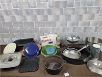 Cast iron pot, steel pans, kitchen wear etc