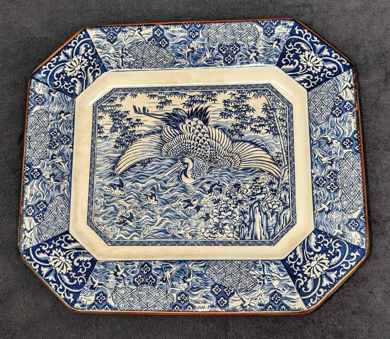 Vintage Octagonal Blue & White Asian Crane Plate