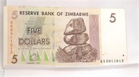 2007\ 5 Dollar Reserve Bank of Zimbabwa Note  AU