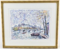 Signed Paris Pont Neuf Watercolor/Gouache Painting