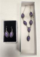 PURPLE STONE NECKLACE AND EARRINGS MARKED 925
