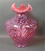 Fenton Cranberry Opal Daisy & Fern Bulbous Vase