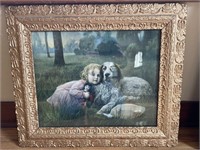 Gilded frame Victorian print a girl and her dog