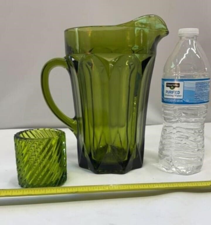 Vintage Olive Green Heavy Glass Water Pitcher and