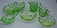 Six green depression glass pieces