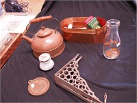 Copper tea kettle and planter, two ceramic