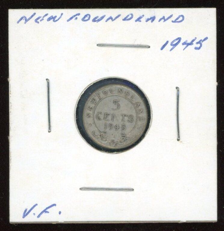 1945 Newfoundland 5 Cent Silver Coin