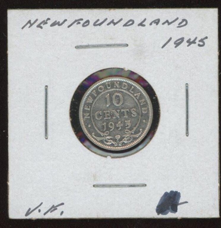 1945 Newfoundland 10 Cent Silver Coin