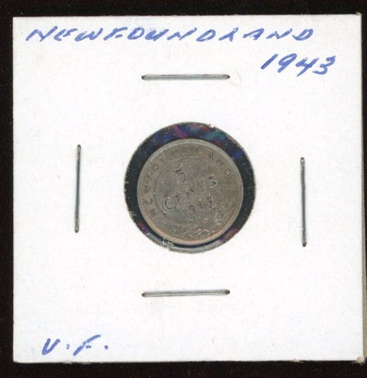 1943 Newfoundland 5 Cent Silver Coin