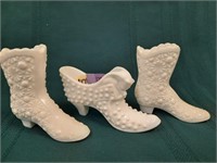 White glass boots, one marked Fenton